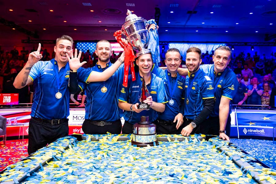 Team Europe celebrates winning the 2022 Mosconi Cup.