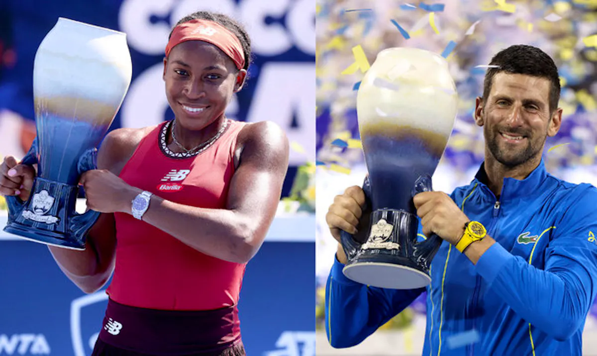 Novak Djokovic and Coco Gauff holding their trophies after winning the Cincinnati Open 2023.