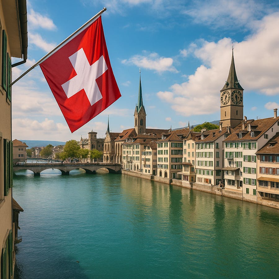 A Swiss town with the Switzerland flag hanging in the forefront.