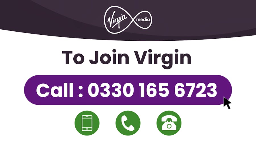 'To join Virgin call 0330 165 6723' followed by icons showing a smartphone and two house phones.