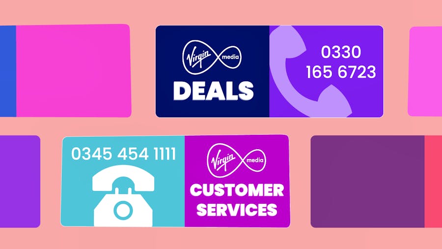 Colourful panels showing the Virgin Media customer service phone number and deals phone number.