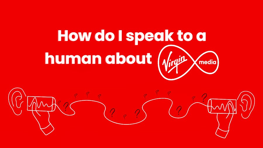 Stylish illustration of a tin can phone conversation, representing the idea of speaking to someone about Virgin Media.