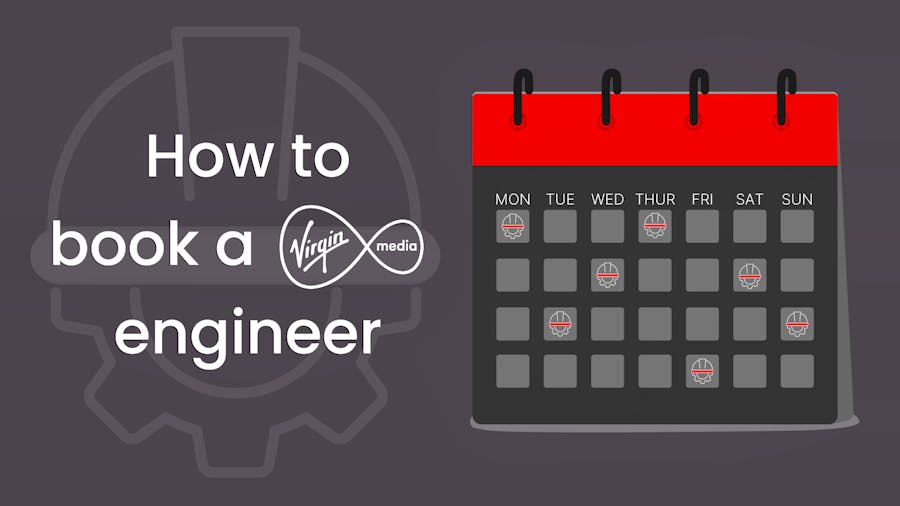 Text that reads' How to book a Virgin Media engineer' as well as a calendar with cog and helmet icons.