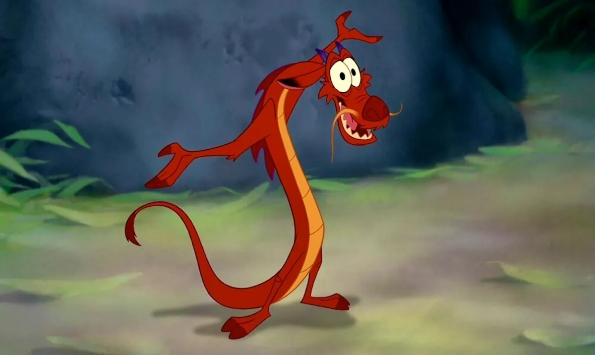 Mushu, a small, lizard-like red dragon