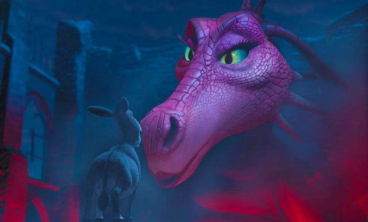 Dragon looming over Donkey, with an amorous look in her eyes