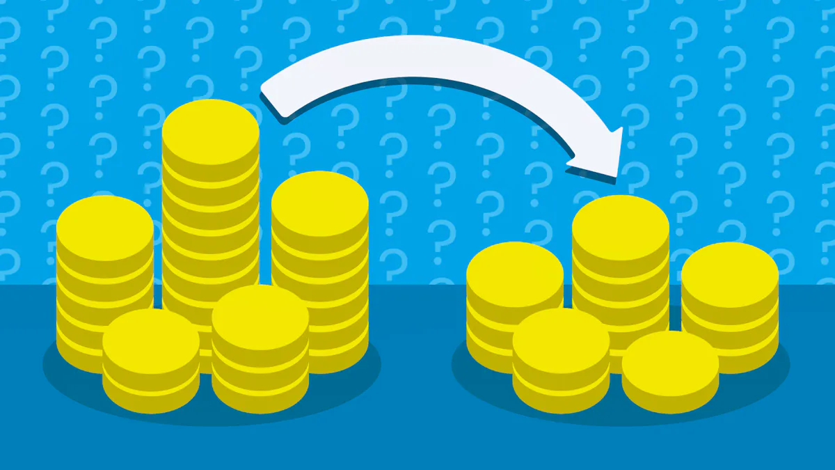 Two piles of coins, one larger on the left and one smaller on the right, with an arrow pointing from the left to the right.