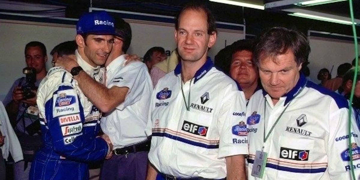 Adrian Newey next to a jubilant Damon Hill during his time with Williams. 