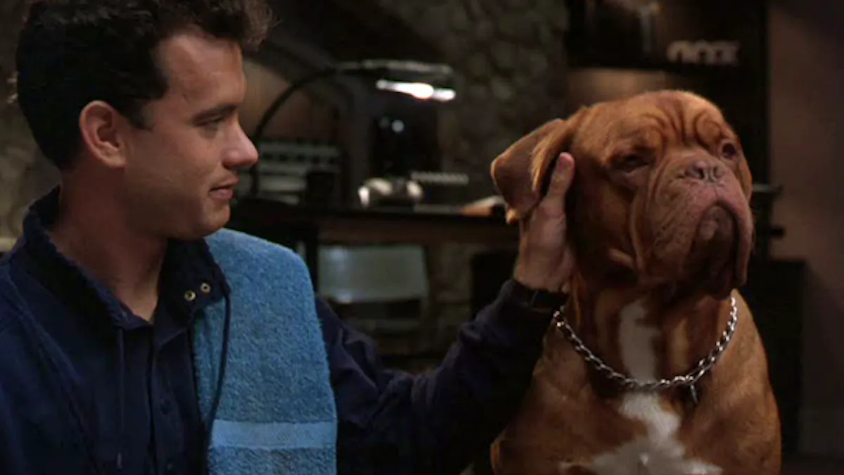 Turner (Tom Hanks) petting Hooch, a grumpy-looking French mastiff