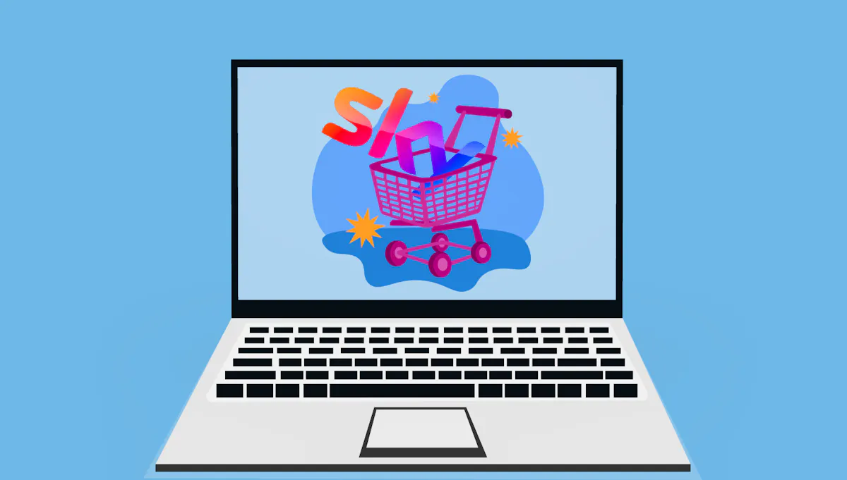 A laptop with a shopping cart displayed on it, with the Sky logo inside the cart.
