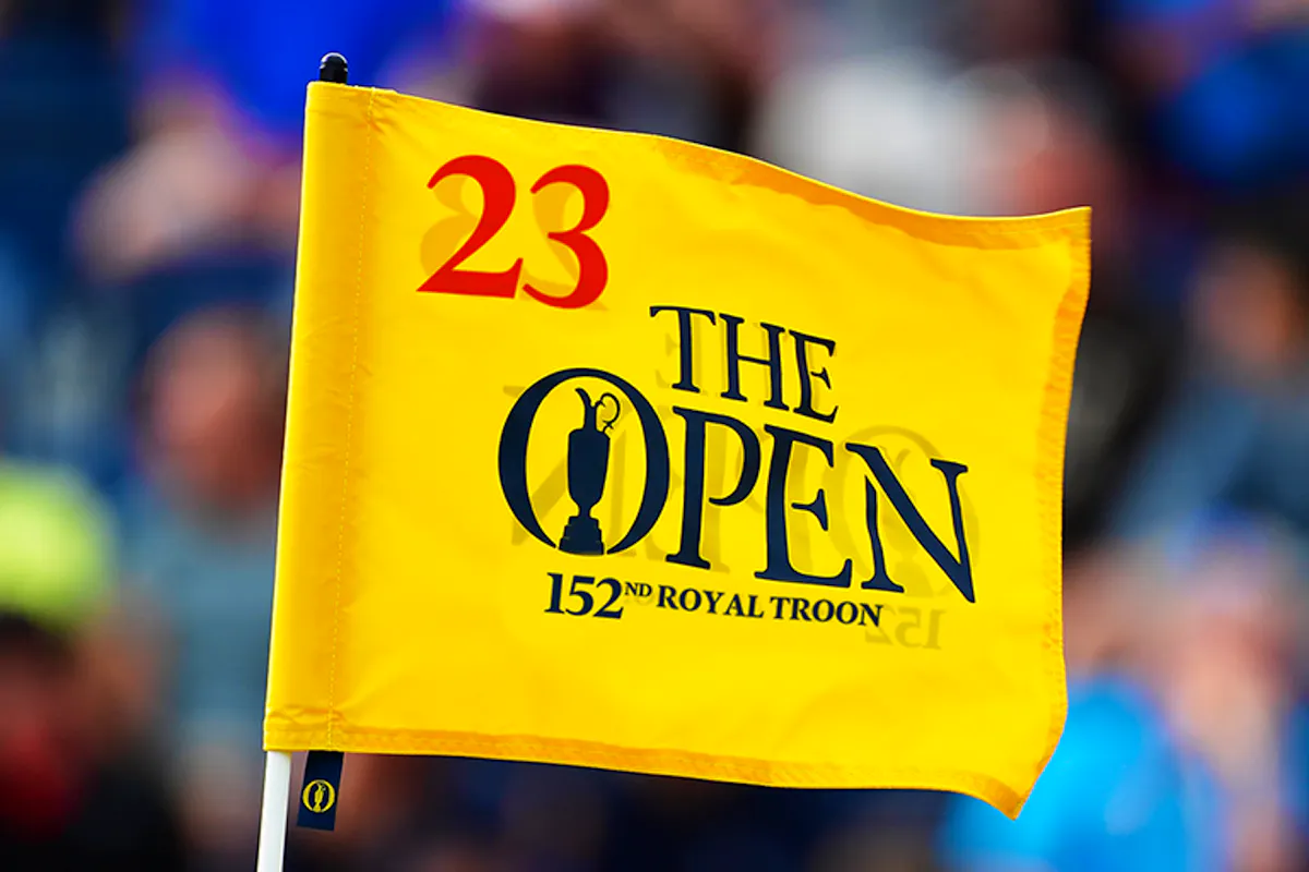 A flag donned with the word 'The Open 152nd Royal Troon'.