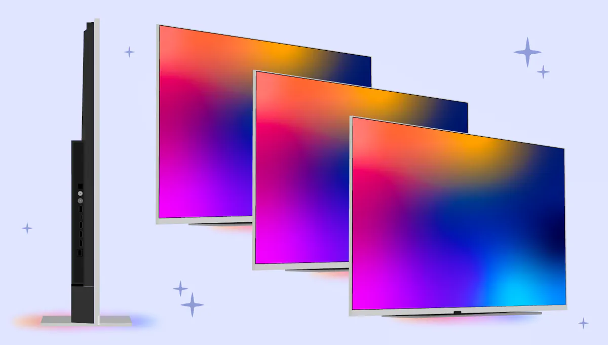 Several views of the Sky Glass Air TV, including a profile shot