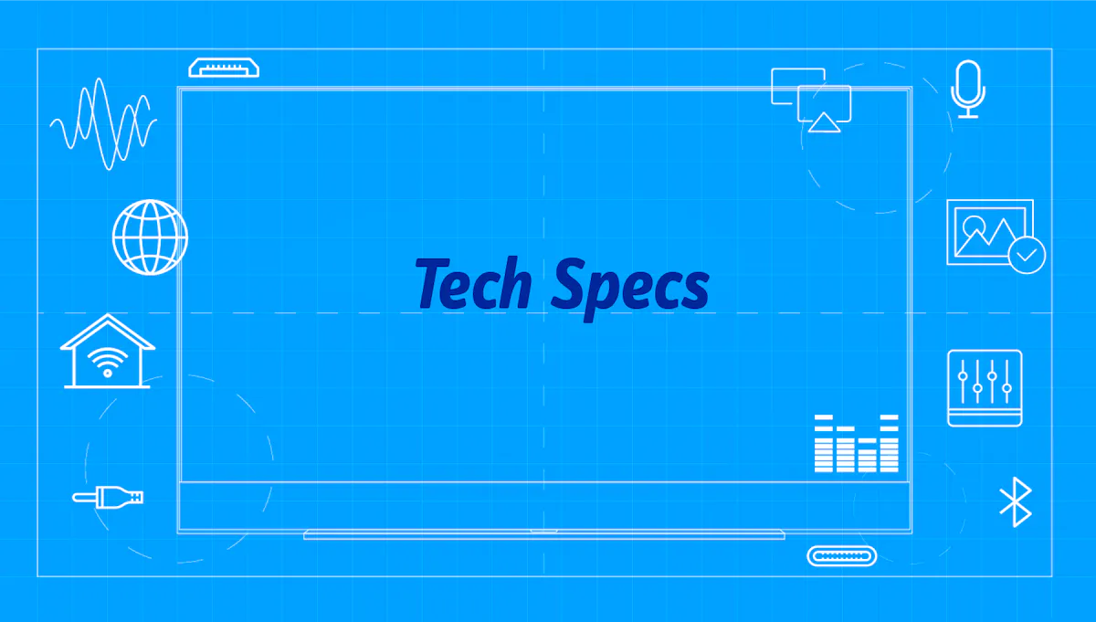 A blueprint-style drawing of a Sky Glass TV, with the words 'Tech Specs'