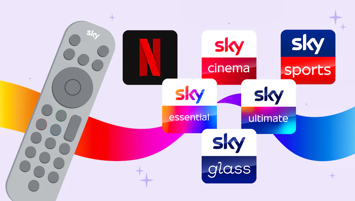 A remote control beside several channel icons, including Netflix, Sky Cinema, Sky Sports, Sky Essential, Sky Ultimate and Sky Glass
