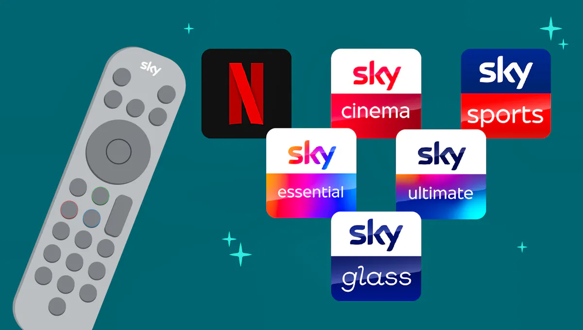 A Sky remote with various app icons next to: Netflix, Sky Cinema, Sky Sports, Sky Essential, Sky Ultimate and Sky Glass.