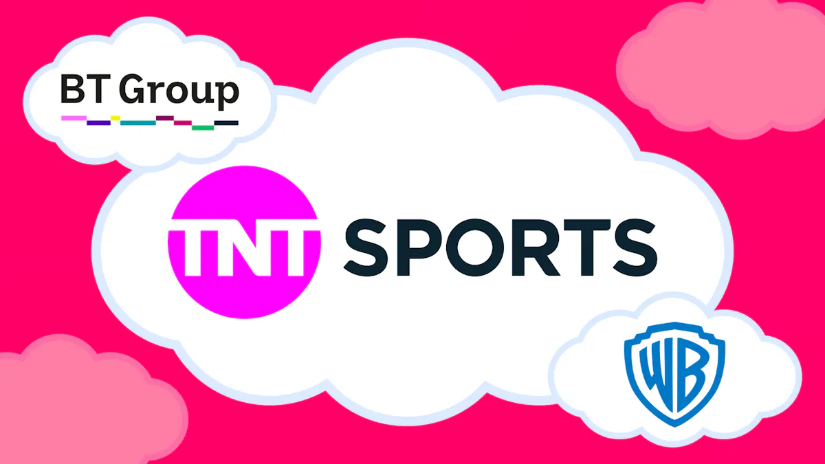 A cloud with the TNT sports logo surrounded by smaller clouds with the BT Group and Warner Bros logos.