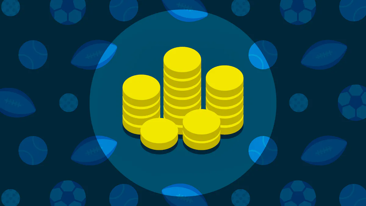 A pile of coins in a spotlight, with various sports balls in the background.