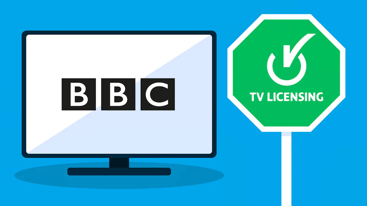 A TV with the BBC logo on it. On the right, a green sign with the TV Licensing logo.
