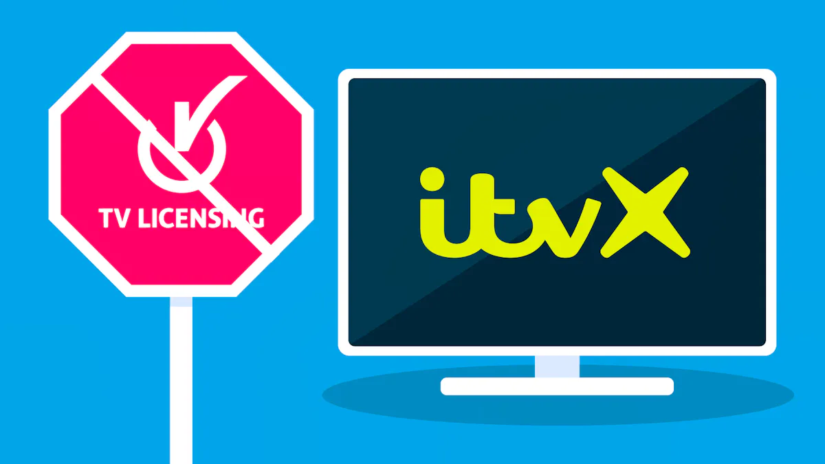 A TV with the ITVX logo on it. On the right, a red sign with the TV Licensing logo and a slash going through it.