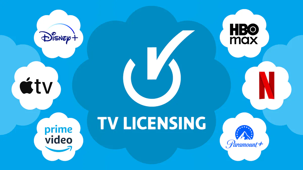 The TV licensing logo in a cloud in the middle with six smaller clouds surrounding it, each with a streaming service logo within.