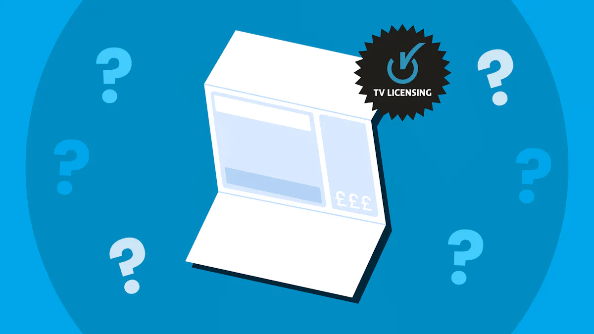 A bill with a checkmark from TV licensing. Question marks surround the image.