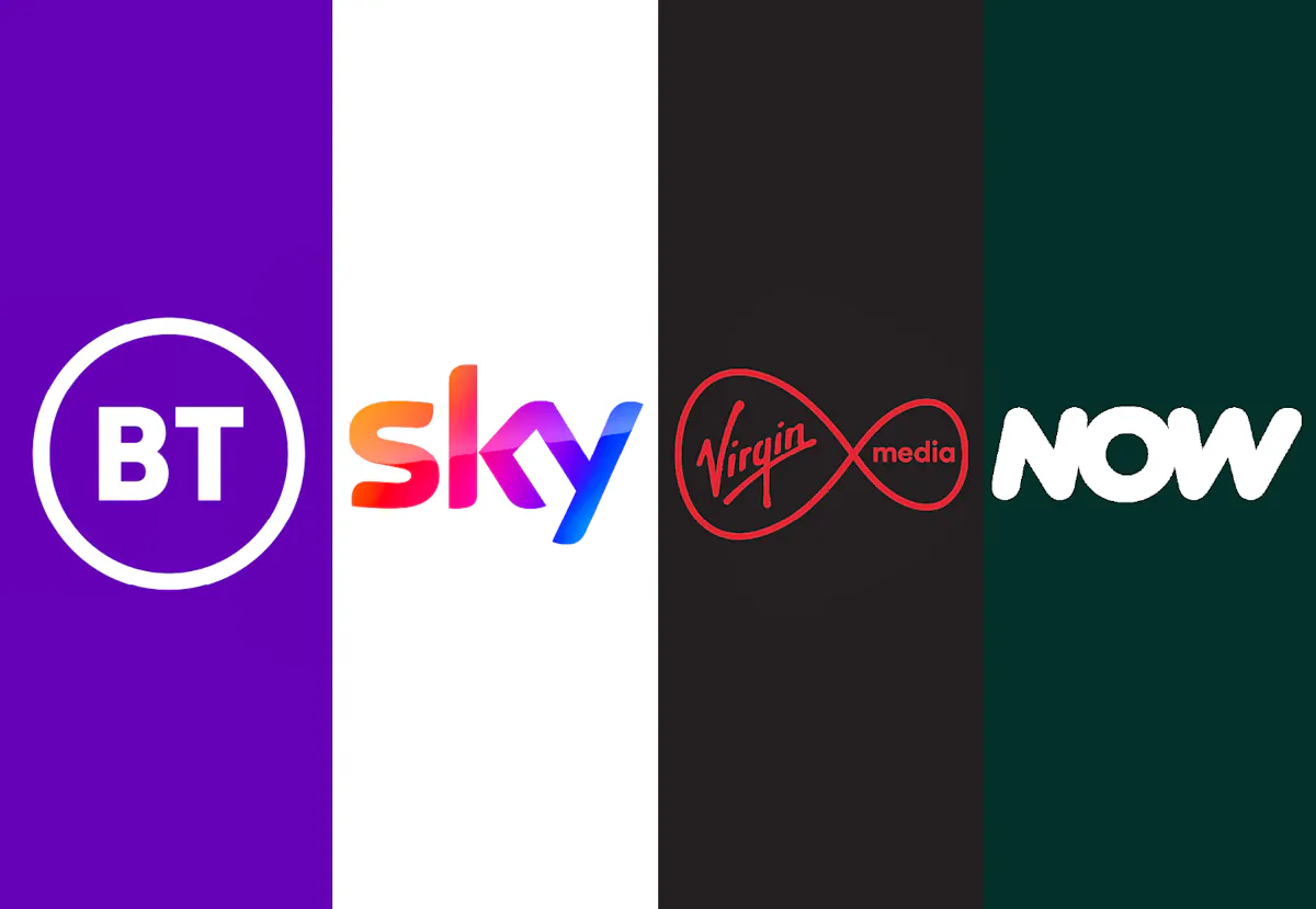 Logos for BT, Sky, Virgin Media and NOW.