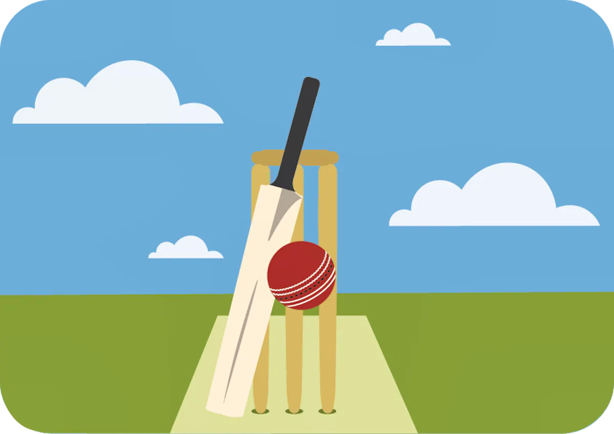 A cricket ball, bat and stumps standing.