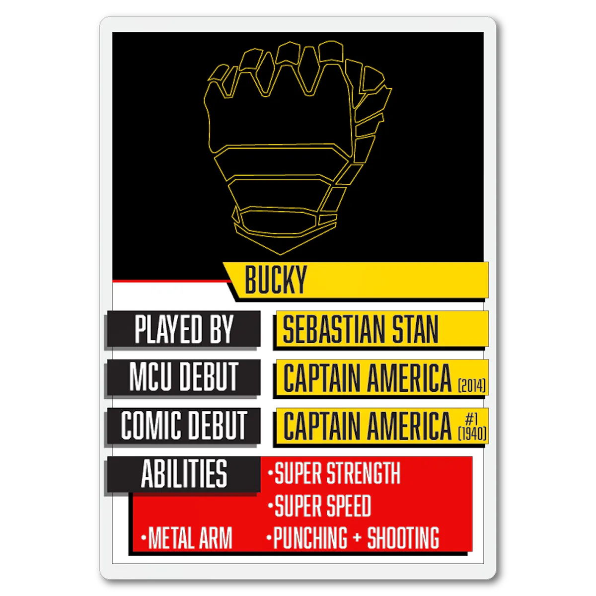A Top Trumps-esque playing card for Bucky Barnes, aka the Winter Soldier.