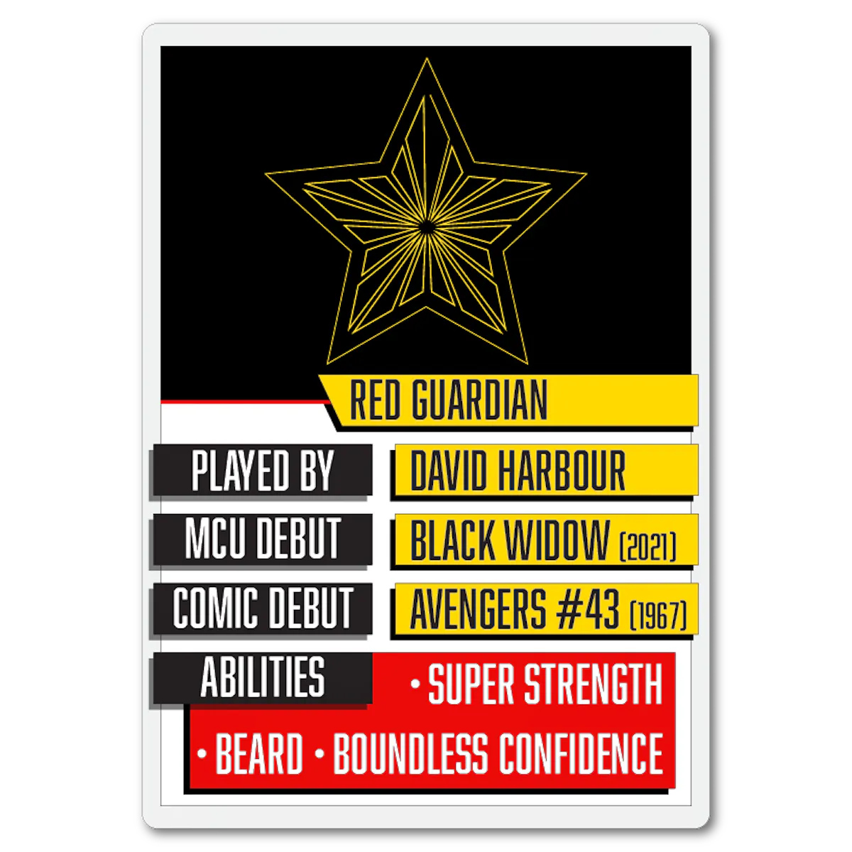 A Top Trumps-esque playing card for Alexei Shostakov, aka Red Guardian.
