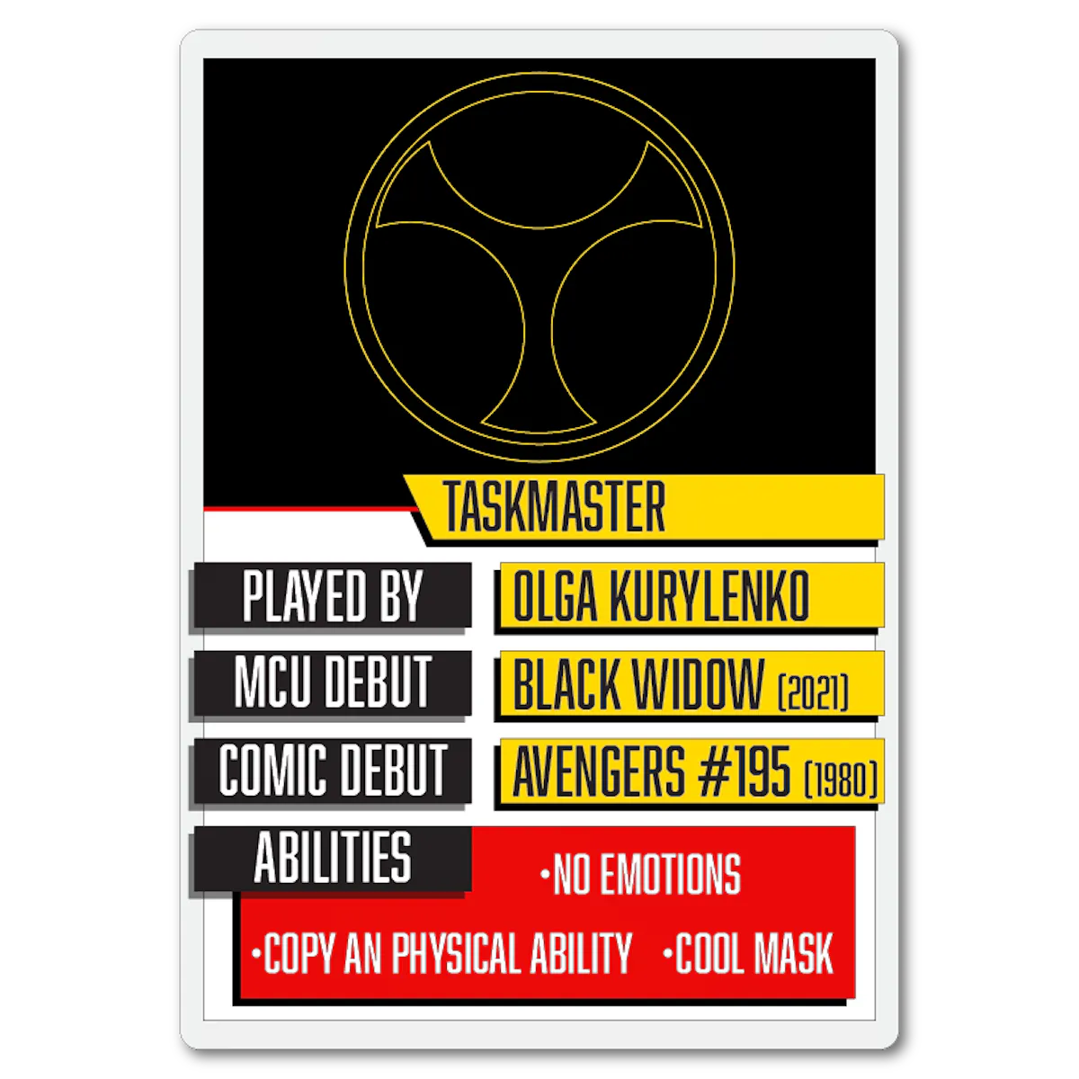 A Top Trumps-esque playing card for Antonia Dreykov, aka Taskmaster.