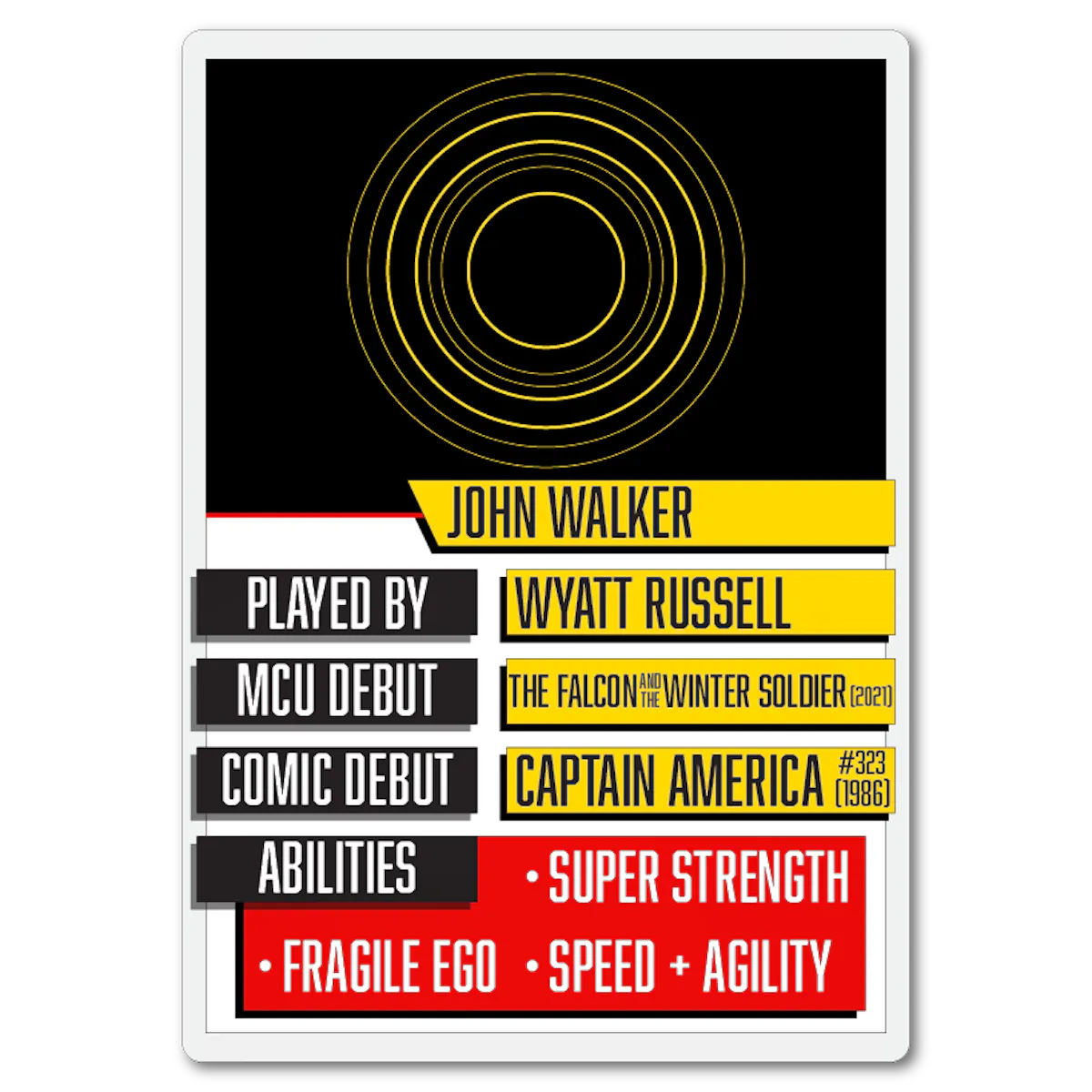 A Top Trumps-esque playing card for John Walker, aka US Agent.