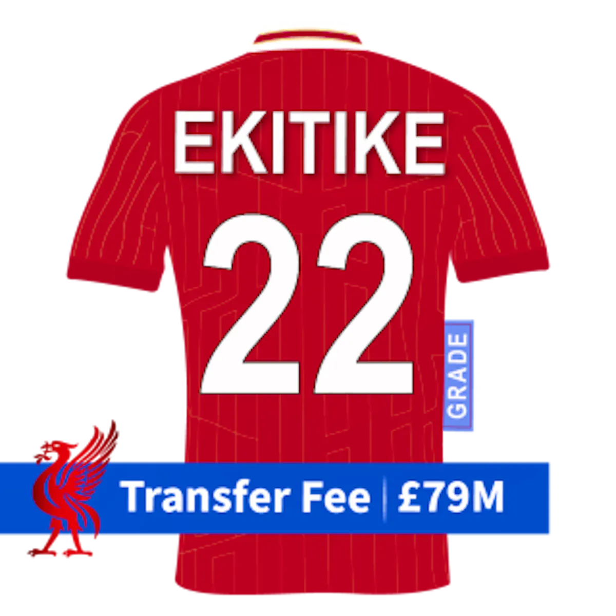 Liverpool FC shirt with 'Ekitike' and '22' on the back plus a banner with the transfer fee of &pound;79m.