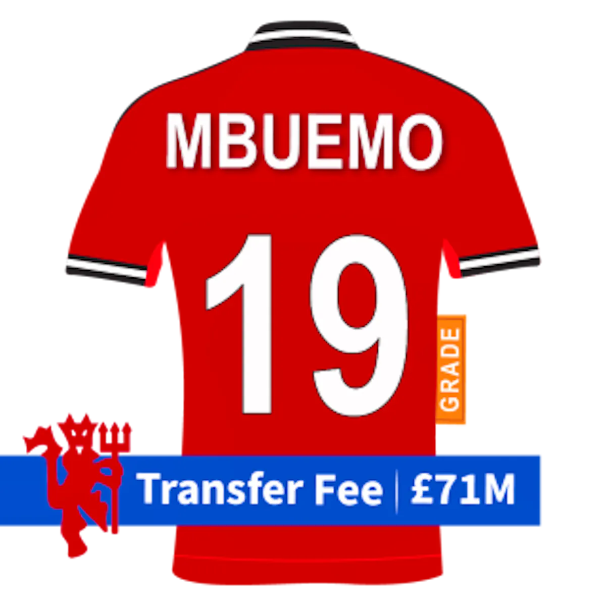 Manchester United shirt with 'Mbuemo' and '19' on the back plus a banner with the transfer fee of &pound;71m.