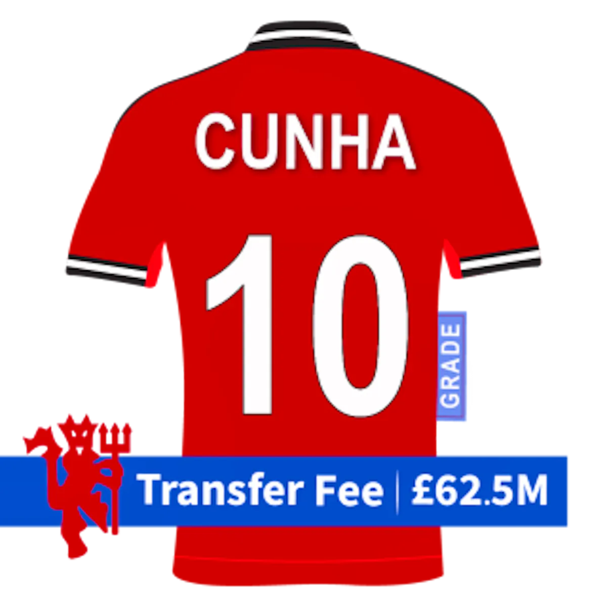 Manchester United shirt with 'Cunha' and '10' on the back plus a banner with the transfer fee of &pound;62.5m.