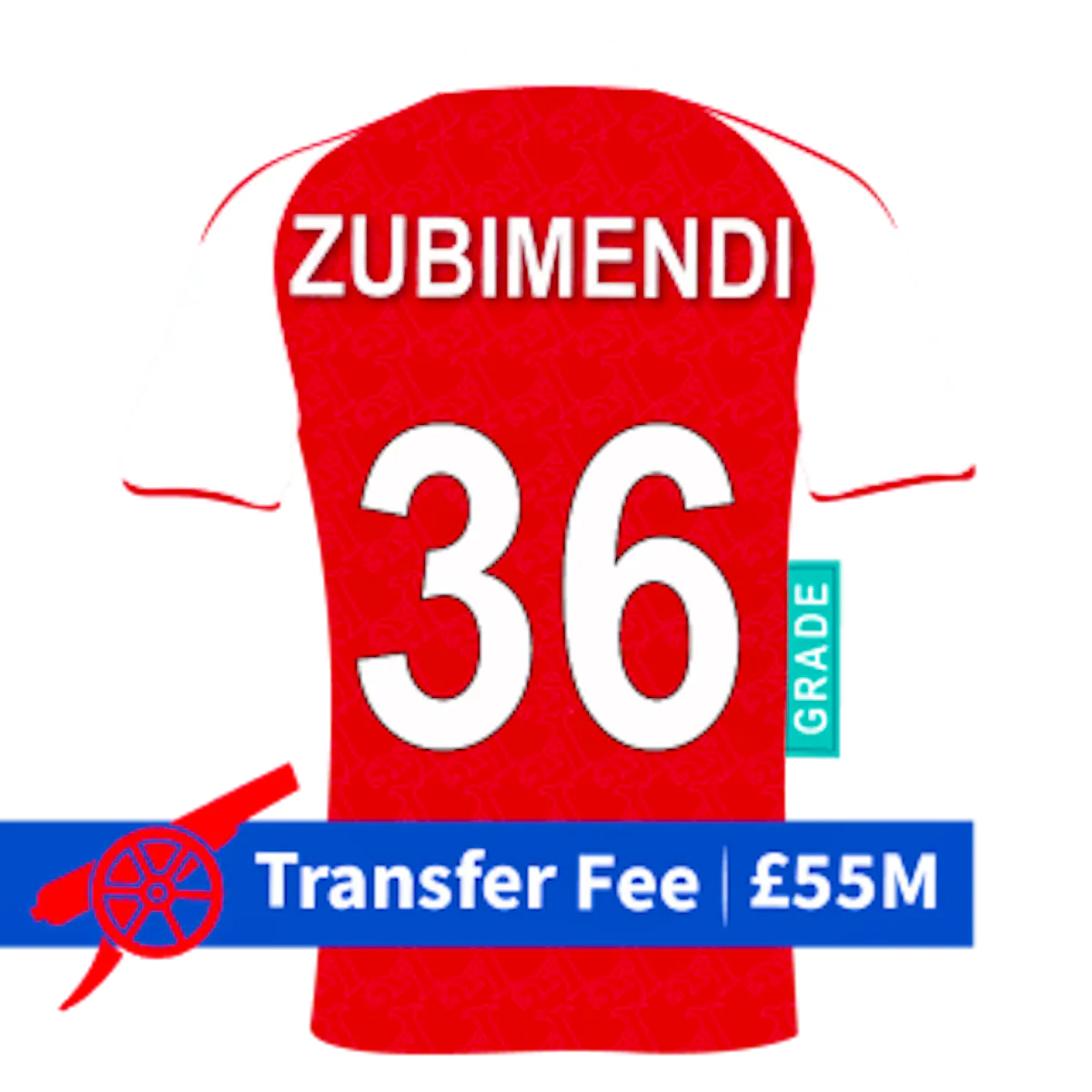 Arsenal FC shirt with 'Zubimendi' and '36' on the back plus a banner with the transfer fee of &pound;55m.