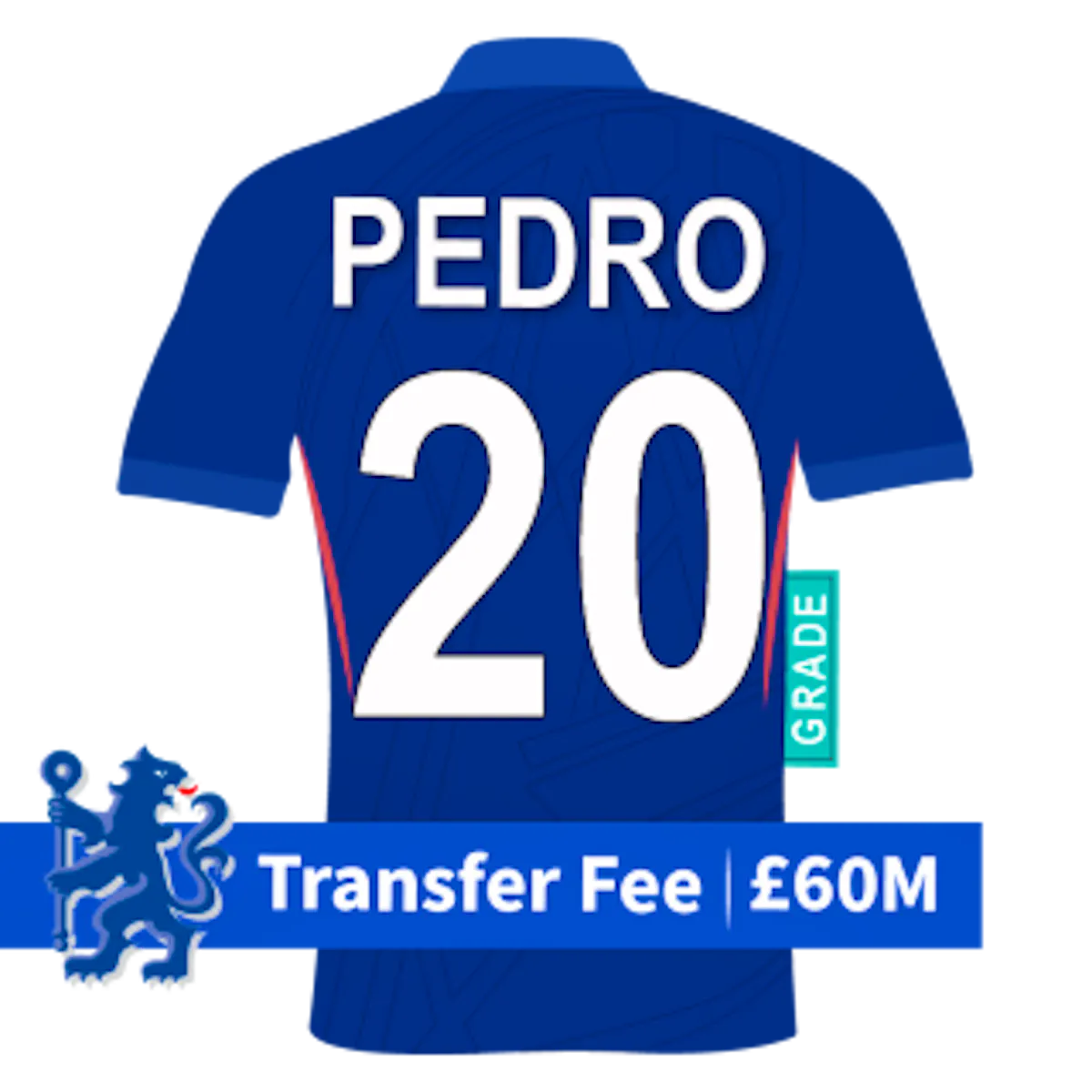 Chelsea FC shirt with 'Pedro' and '20' on the back plus a banner with the transfer fee of &pound;60m.