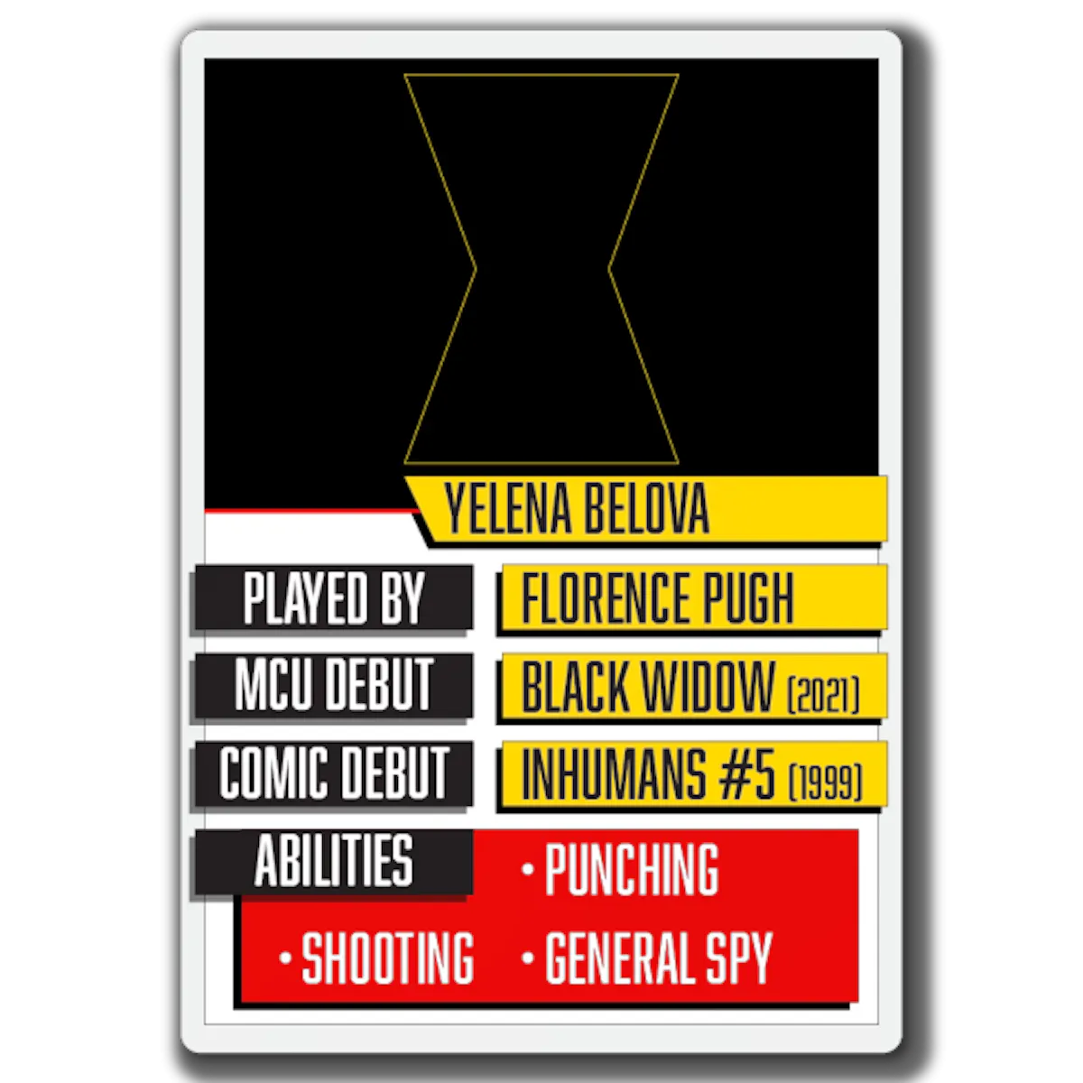 A Top Trumps-esque playing card for Yelena Belova, aka Black Widow.
