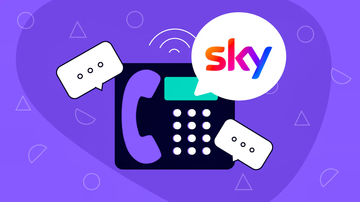A telephone, with a speech bubble that contains the Sky logo within.