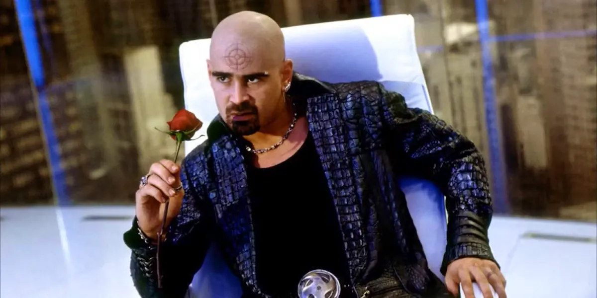 Colin Farrell as Bullseye, holding a rose for some reason