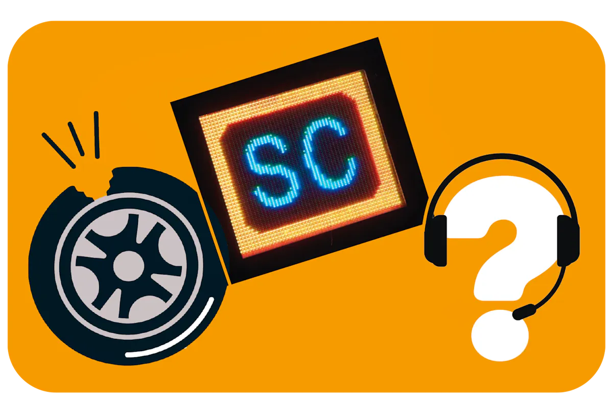 A broken tyre, an LED safety car board and a question mark with a headset on.