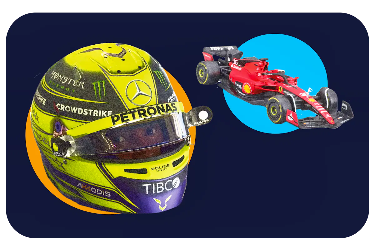 Lewis Hamilton with his helmet on and the number 16 Ferrari car.