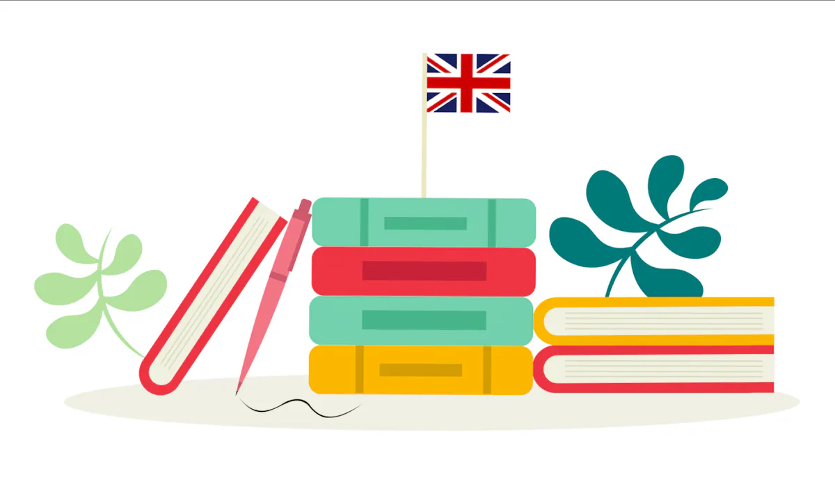 Books stacked with the British flag flying on top.