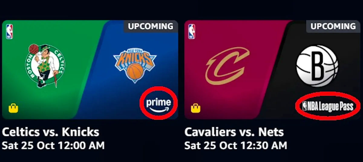 A screenshot showing two NBA games with a circle to show which is on Prime Video and which is on NBA League Pass.