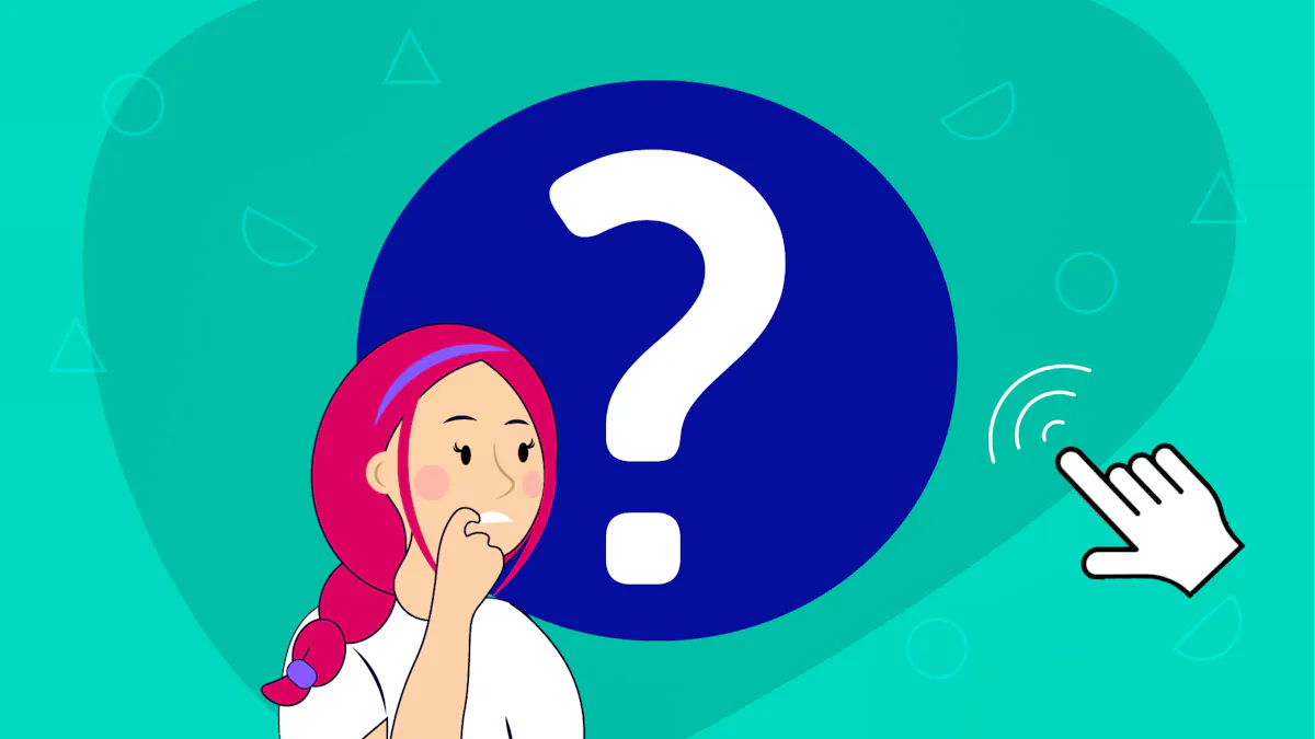 A women deep in thought, with a question mark behind her and a mouse clicker on her right.