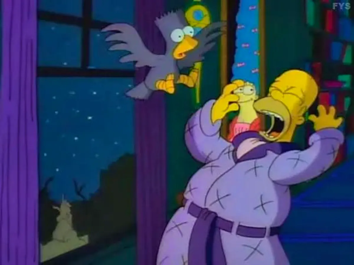 Homer, dressed in a robe, screams as a raven that looks a lot like Bart Simpson flies in through the window