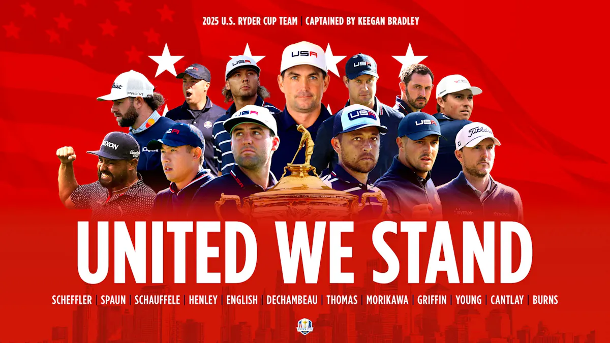 The full Team USA squad for the 2025 Ryder Cup, with the words 'United we stand' written in capitals.