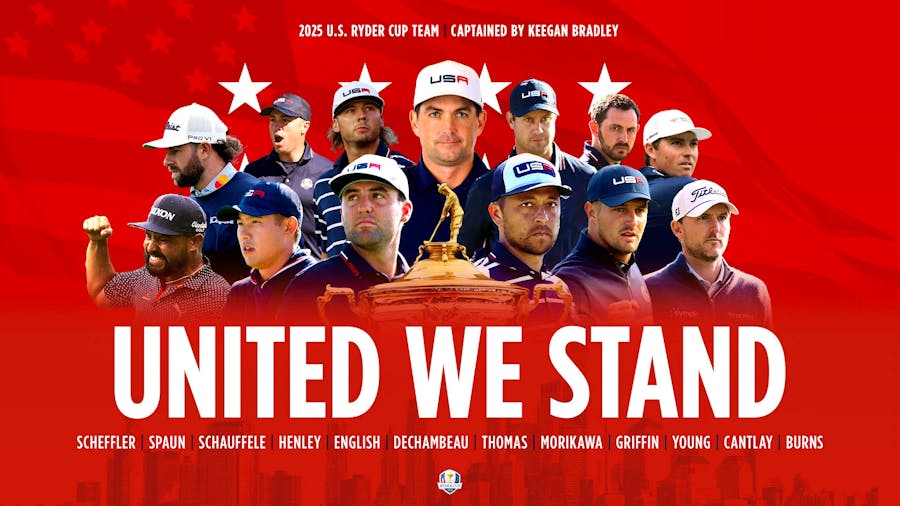 The full Team USA squad for the 2025 Ryder Cup, with the words 'United we stand' written in capitals.