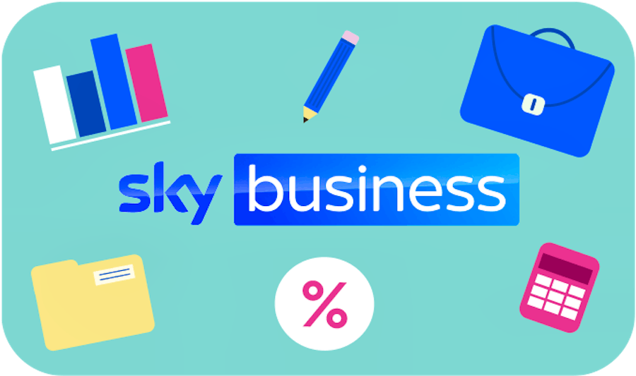 Sky Business Broadband illustration including calculators and suitcases