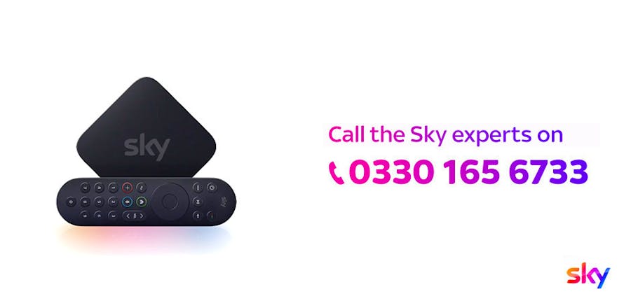 Sky Stream box with text that says 'Call the Sky experts on 0330 165 6733' 