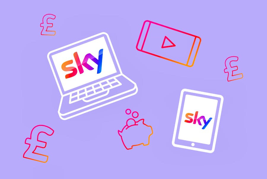 Illustration of a laptop and a tablet with both screens displaying the Sky logo