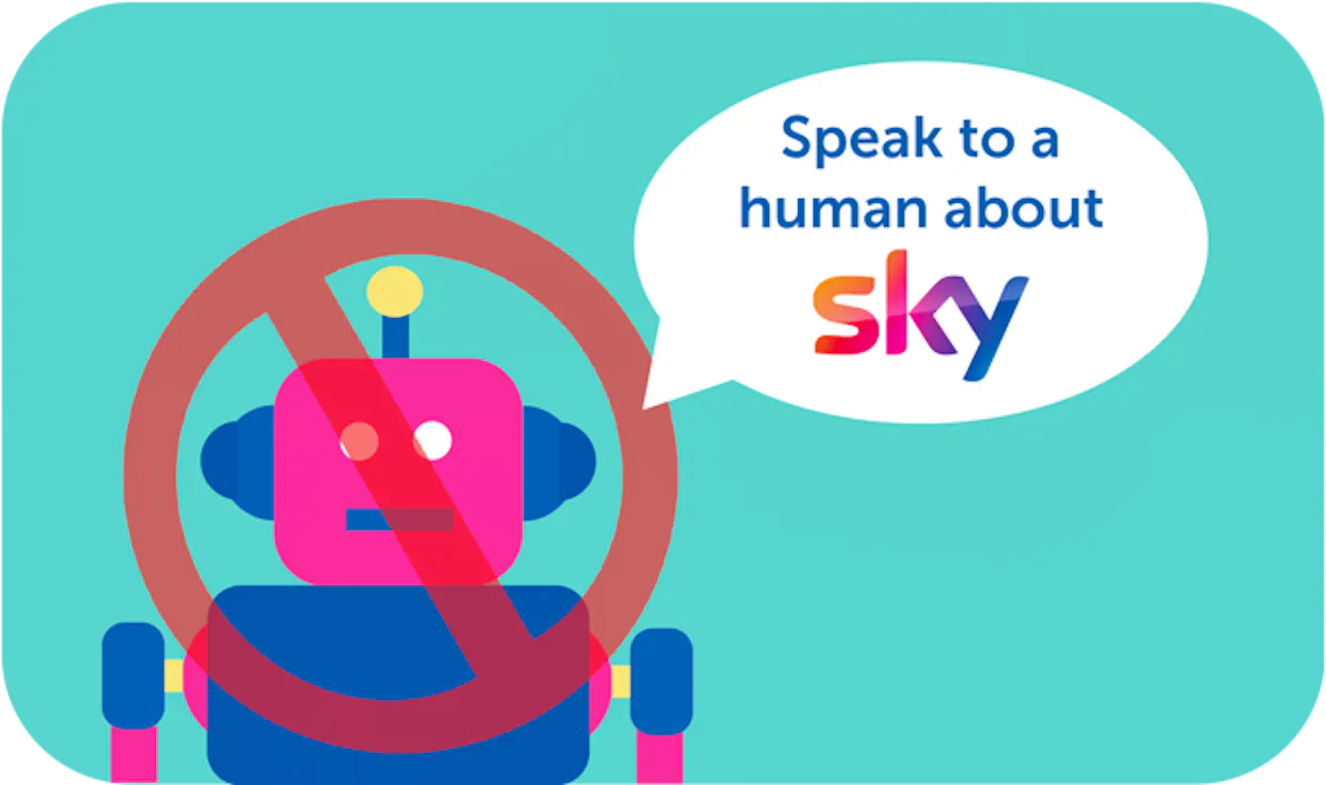 Illustration of a robot with a speech bubble saying 'Speak to a human about Sky'